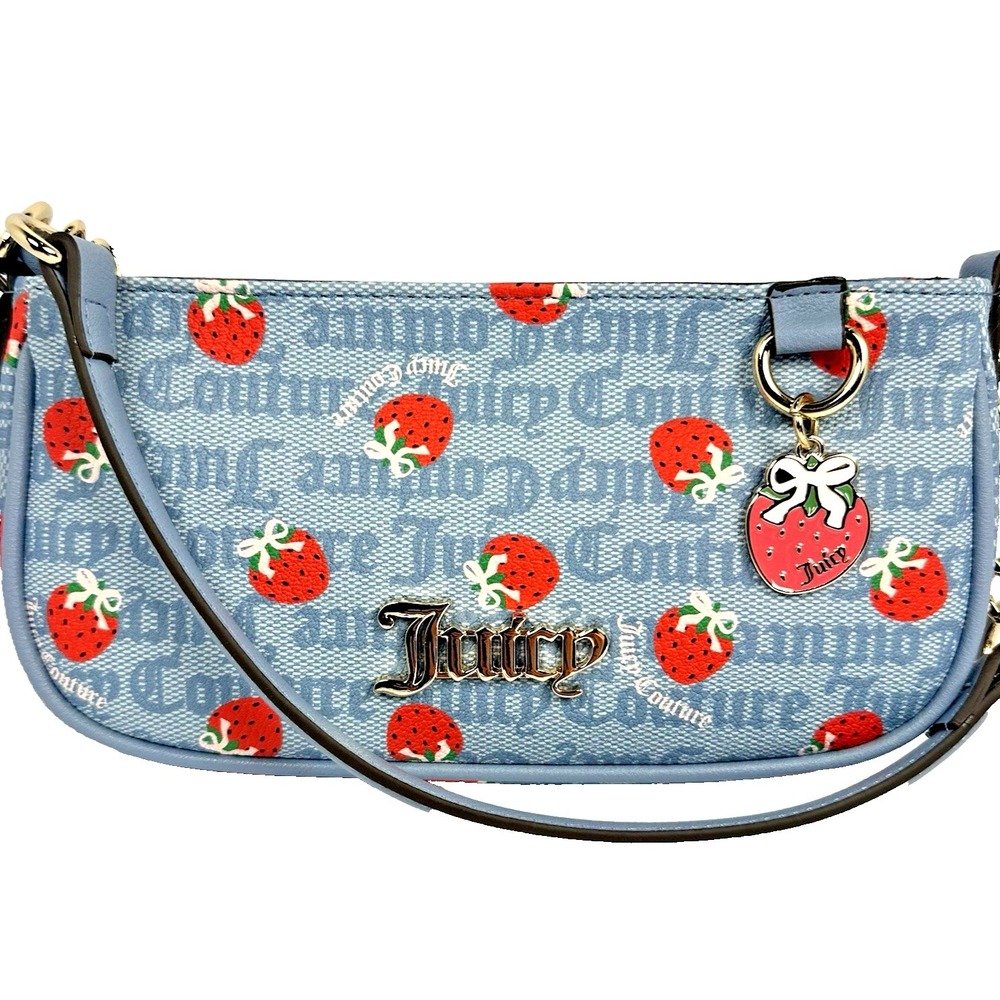 Juicy Couture Strawberry Shoulder Bag Dusty Blue Red Y2K Charm Logo Baguette New